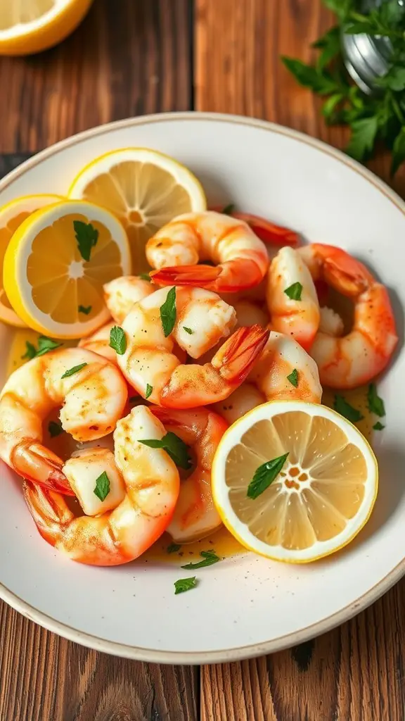 A plate of garlic butter shrimp served with lemon slices and parsley.