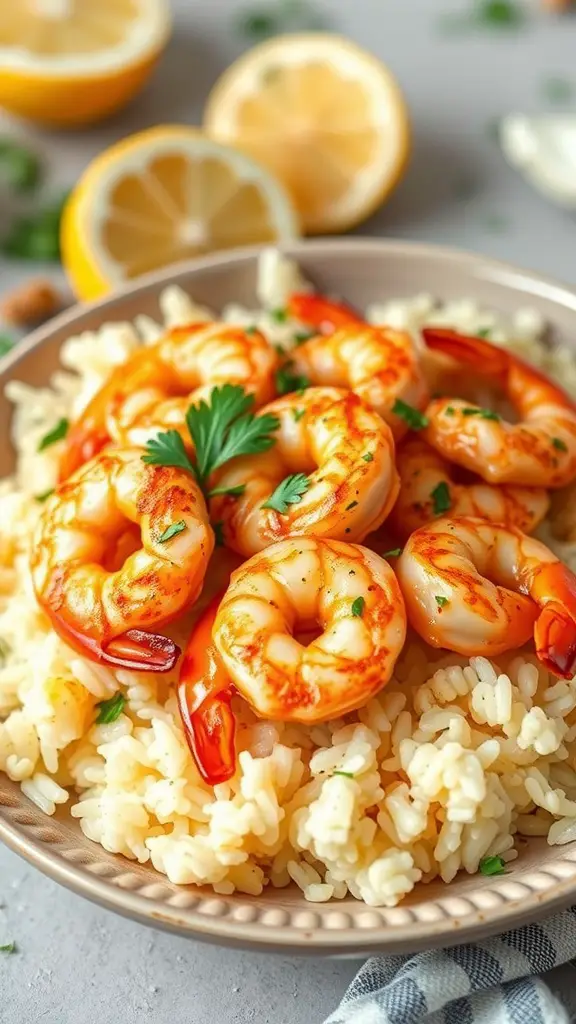 A bowl of garlic butter shrimp served over lemon rice, garnished with parsley.
