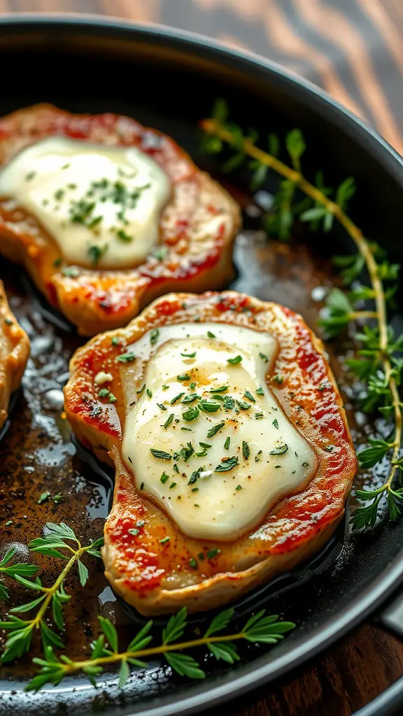 Garlic herb butter basted pork chops garnished with herbs