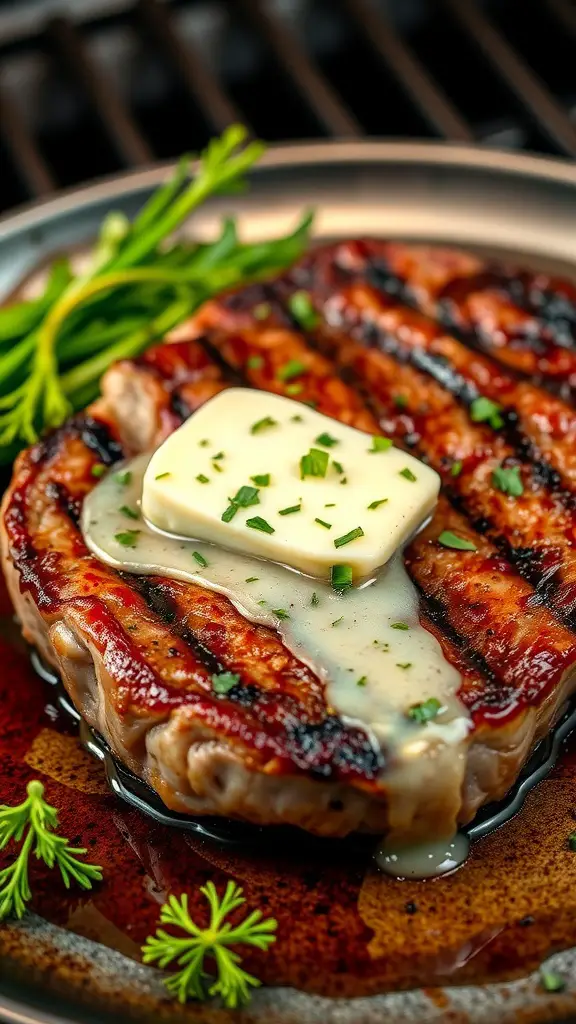 A deliciously cooked ribeye steak topped with garlic herb butter and garnished with herbs.
