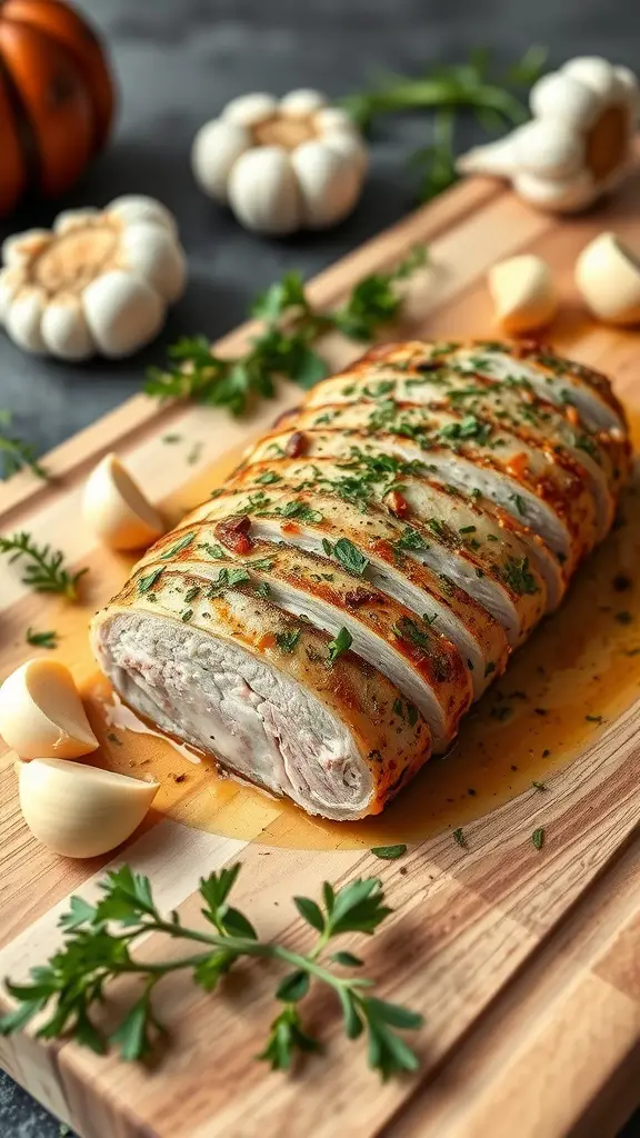 Garlic herb marinated pork tenderloin with a garnish of fresh herbs and garlic cloves