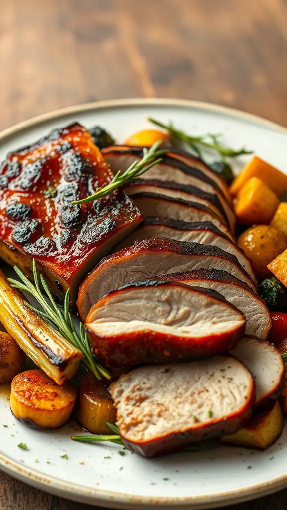 Garlic Herb Roasted Pork Belly served with vegetables.