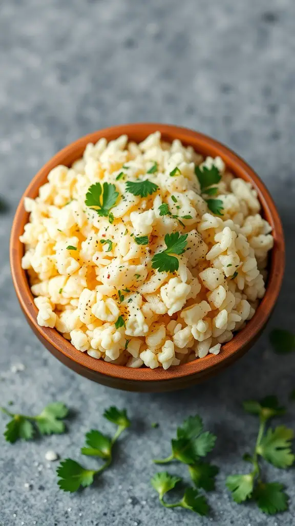 A bowl of garlic Parmesan cauliflower rice garnished with parsley.