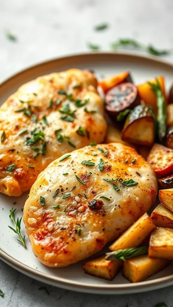Plate of Garlic Parmesan Chicken Breasts with seasoning and vegetables