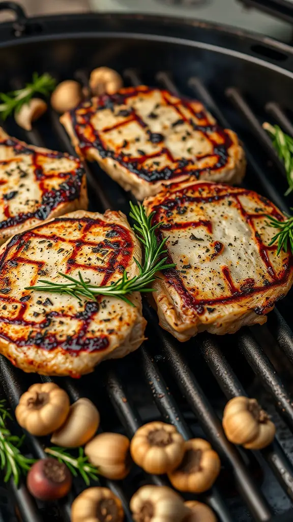 Grilled pork chops with garlic and rosemary on a grill