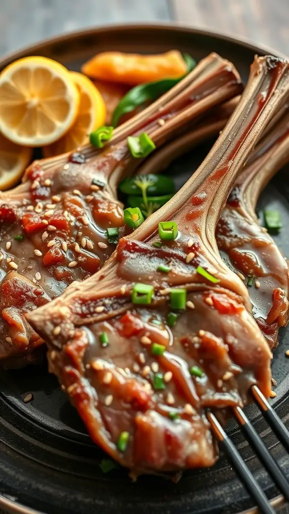 Delicious grilled lamb chops with ginger and sesame marinade, garnished with green onions