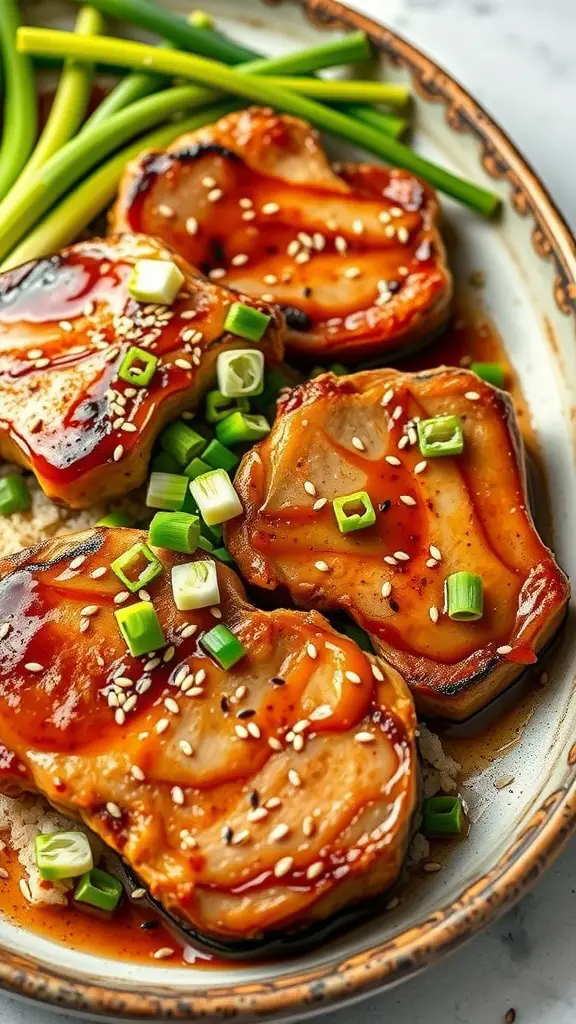 Grilled pork chops garnished with green onions and sesame seeds, served on a plate.