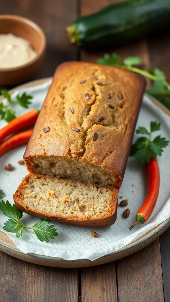 Gluten-free zucchini bread on a plate with fresh ingredients