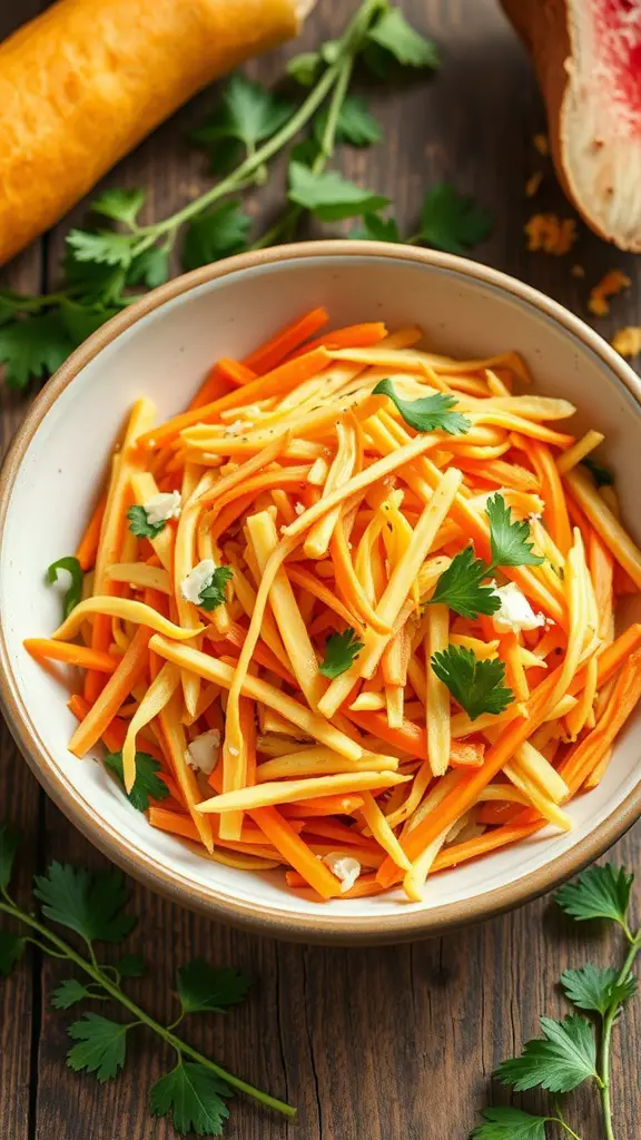 A fresh and vibrant bowl of grated summer squash and carrot slaw garnished with parsley.