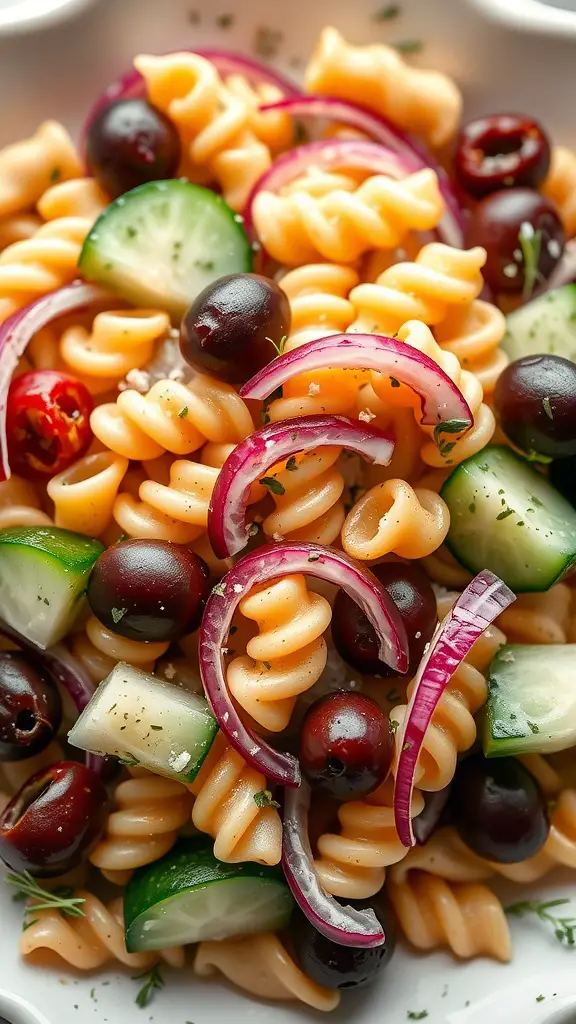 Greek Pasta Salad with Cucumber and Red Onion
