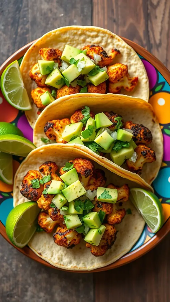 Three grilled cauliflower tacos topped with avocado salsa on a colorful plate.