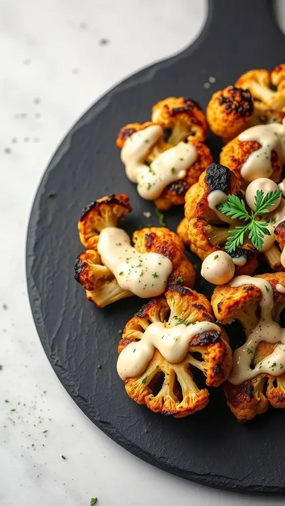 Grilled cauliflower with tahini sauce served on a dark plate.