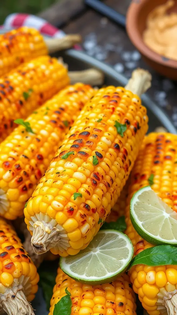 Grilled corn on the cob with chili lime butter and lime wedges