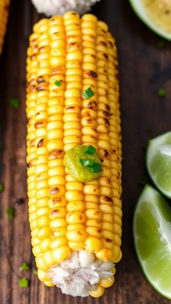 Grilled corn on the cob with chili lime butter on a wooden table.