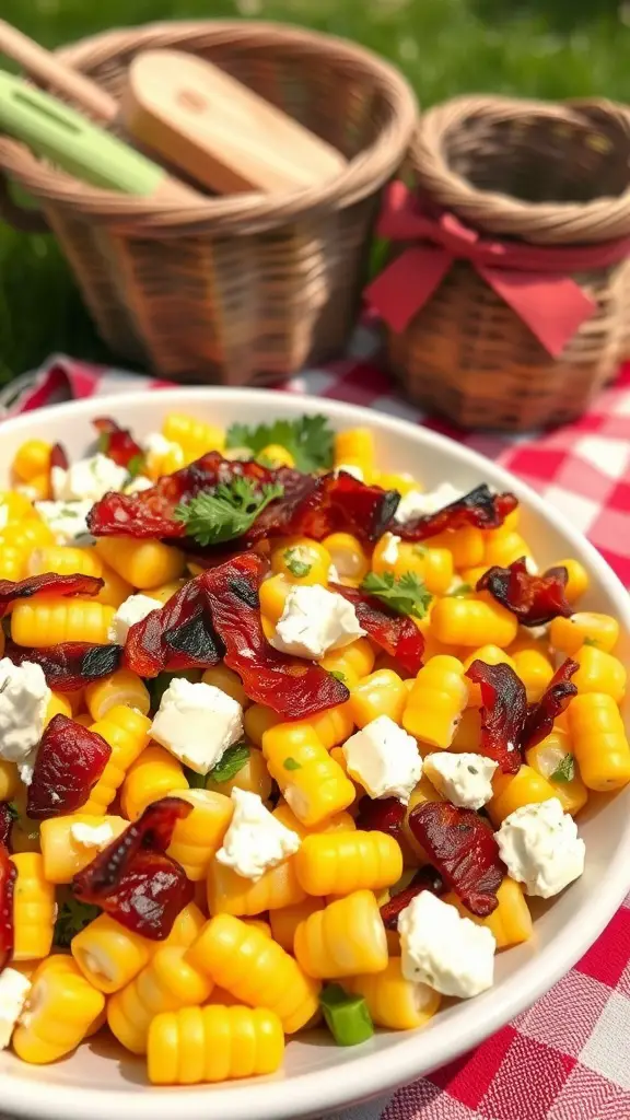 A bowl of grilled corn salad topped with bacon and feta cheese