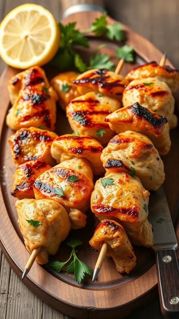 Grilled lemon herb chicken skewers on a platter with fresh herbs and lemon slices.
