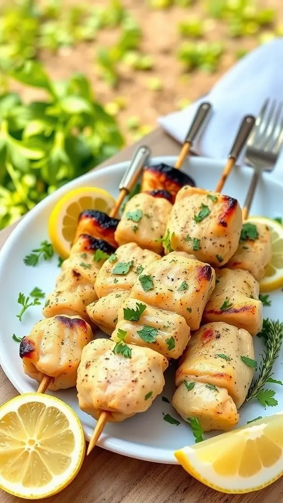 Grilled Lemon Herb Chicken Skewers on a plate with lemon slices.