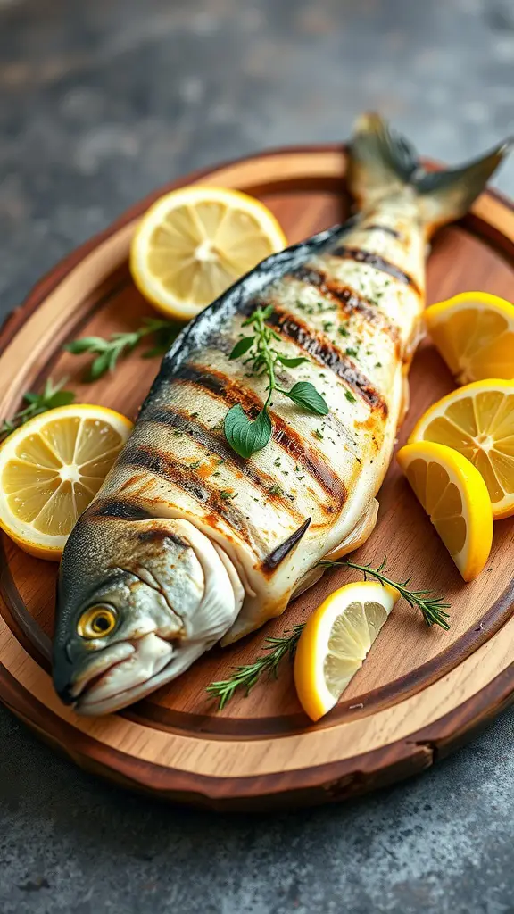 A grilled trout garnished with lemon slices and herbs on a wooden plate.
