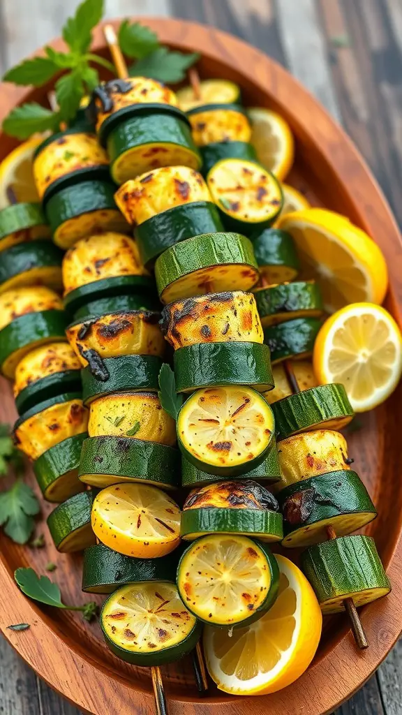 Grilled lemon herb zucchini skewers on a wooden platter
