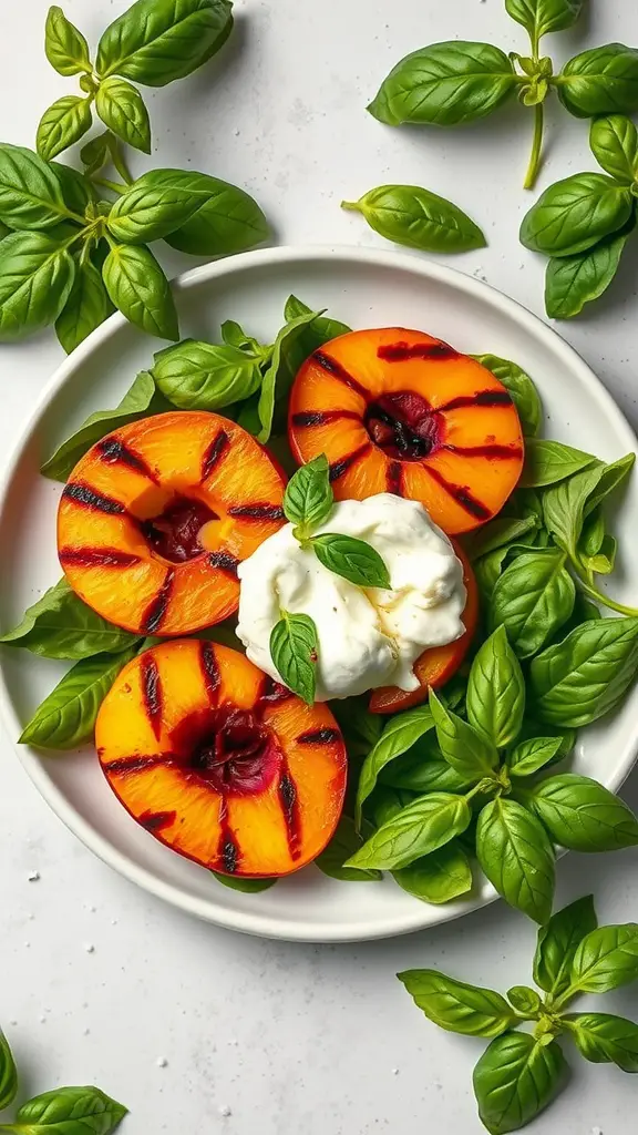 A fresh salad featuring grilled peaches, burrata cheese, and fresh basil on a bed of salad greens.