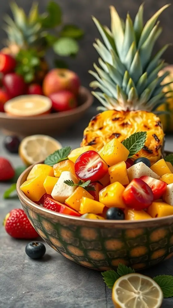 A vibrant bowl of mixed fruit salad featuring grilled pineapple, strawberries, blueberries, and mango, garnished with mint leaves.