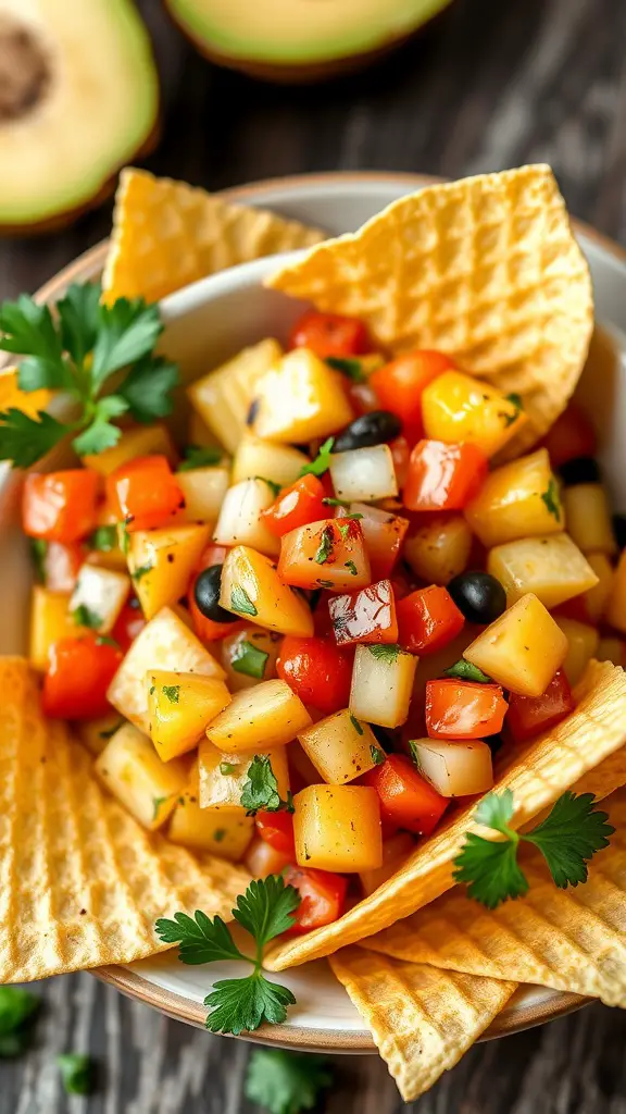 A bowl of colorful grilled pineapple salsa served with tortilla chips.