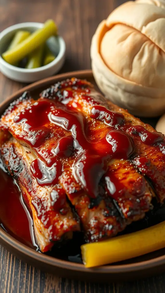 Grilled pork belly with hoisin sauce, served with steamed buns and pickles