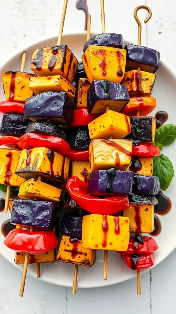 Colorful grilled ratatouille skewers with zucchini, eggplant, and bell peppers.