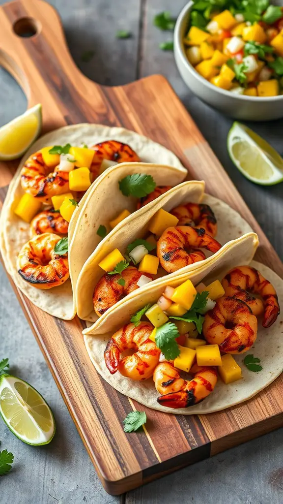 Grilled shrimp tacos with mango salsa on a wooden board