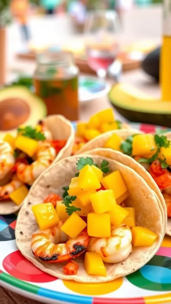 Grilled shrimp tacos with mango salsa served on a colorful plate.