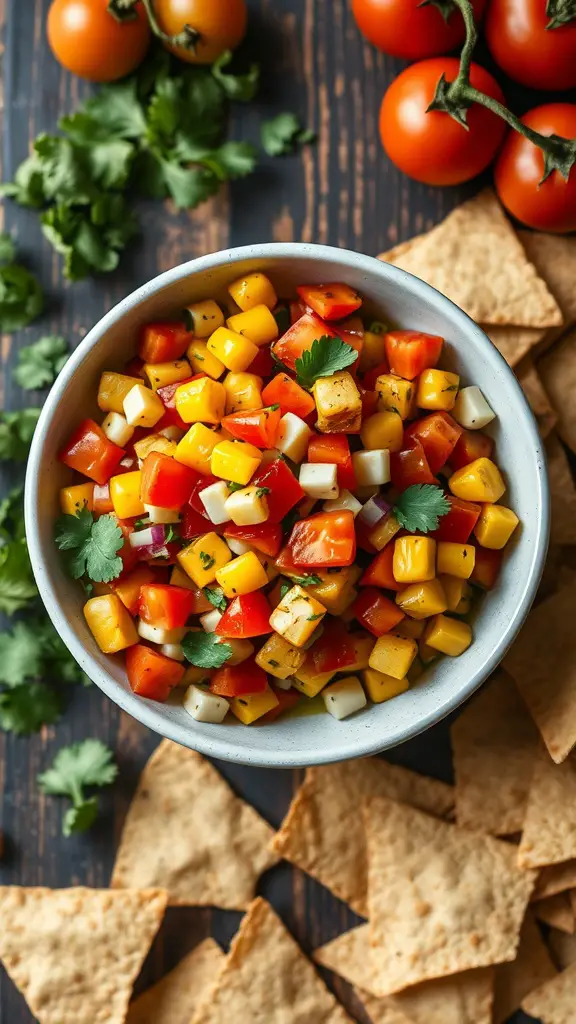A bowl of colorful grilled squash and corn salsa with fresh ingredients.