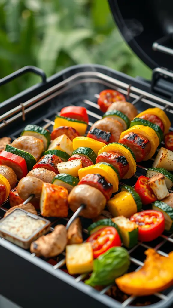 Grilled summer sausage skewers with vibrant vegetables on a grill.