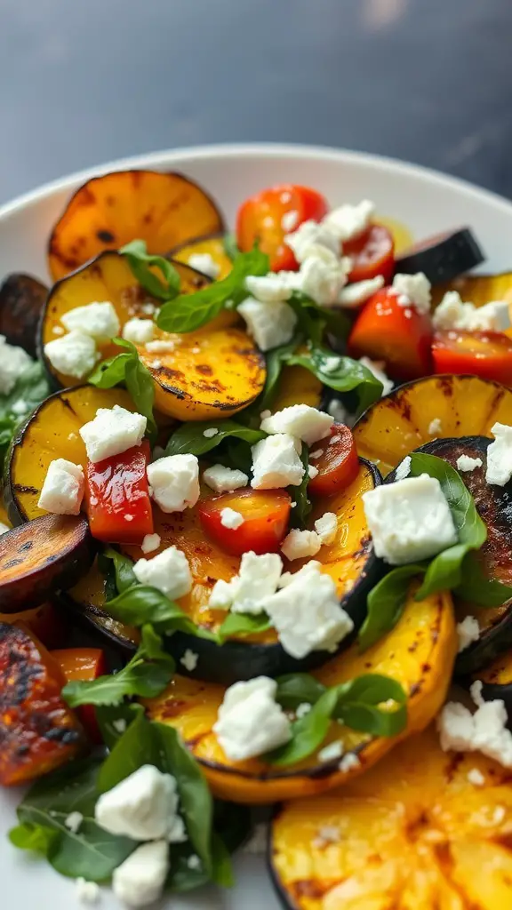 A colorful grilled summer squash salad with feta, tomatoes, and arugula.