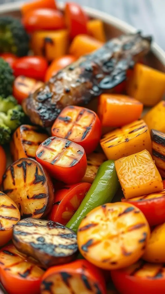 A medley of grilled vegetables including zucchini, bell peppers, and cherry tomatoes.