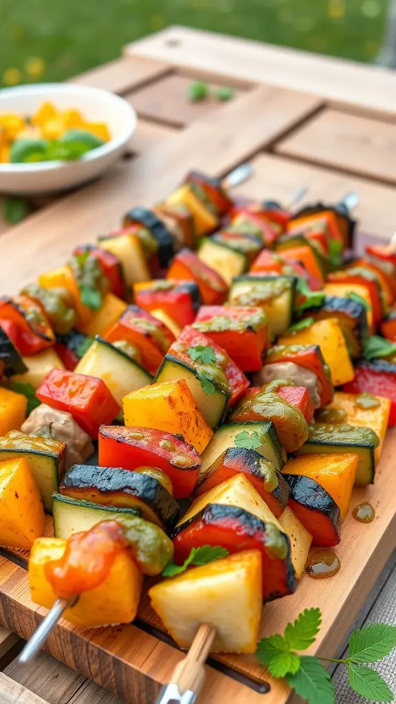 Colorful grilled vegetable skewers with chimichurri sauce