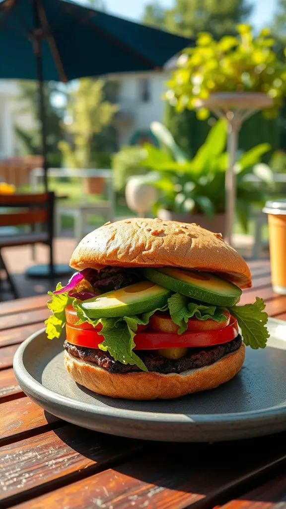 A delicious grilled veggie burger with fresh toppings