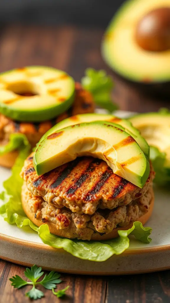 Ground turkey burgers topped with avocado slices on a plate