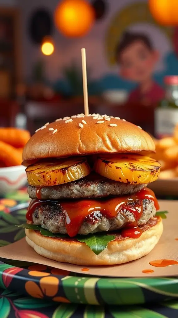 A Hawaiian Teriyaki Burger with grilled pineapple and teriyaki sauce on a sesame seed bun.