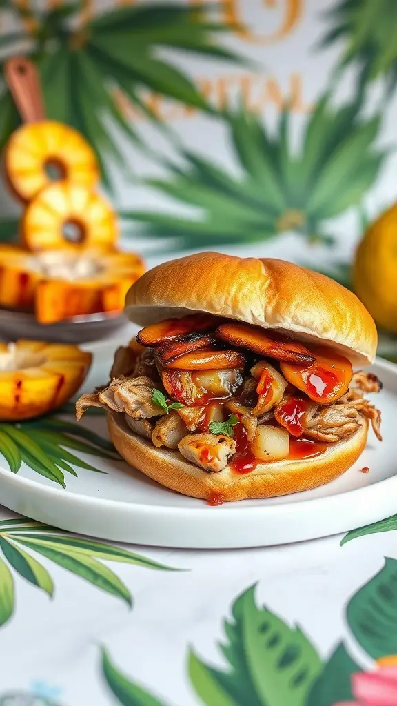 A delicious Hawaiian Teriyaki Pulled Pork sandwich with grilled pineapple.