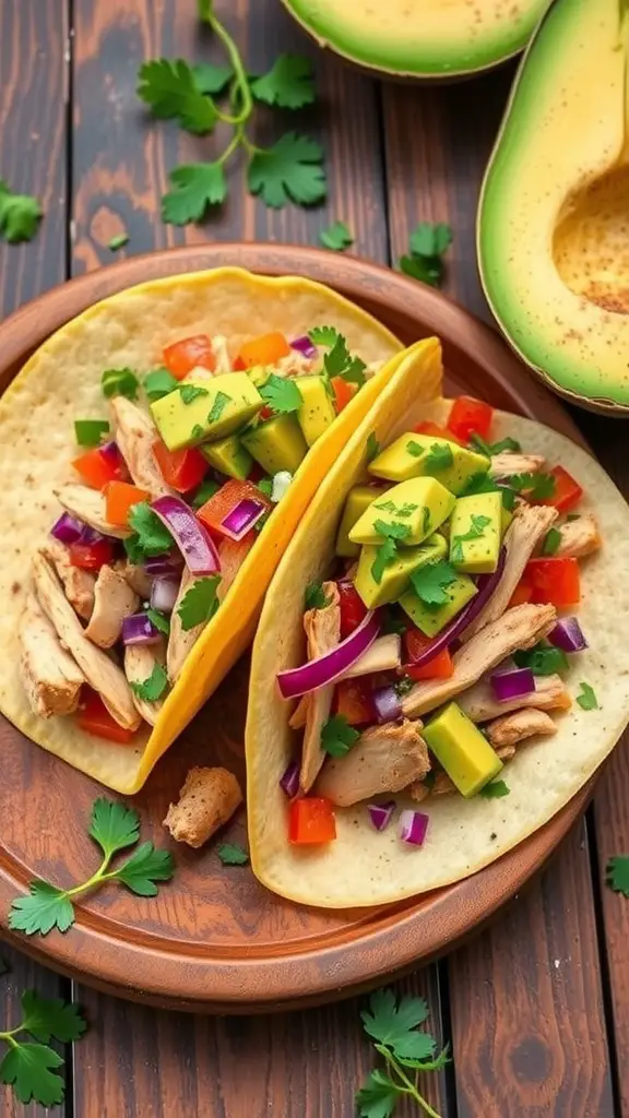 Healthy turkey tacos with fresh avocado salsa and colorful toppings.