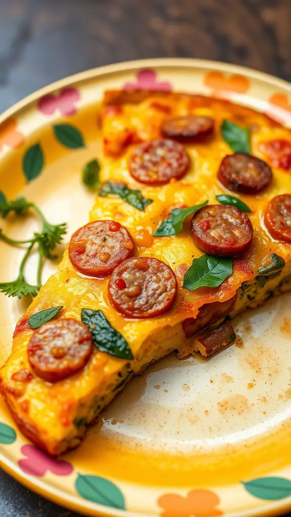 A slice of hearty frittata with summer sausage, spinach, and cheese on a colorful plate.