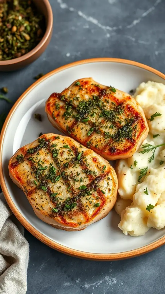 Herb-crusted baked pork chops served with mashed potatoes.