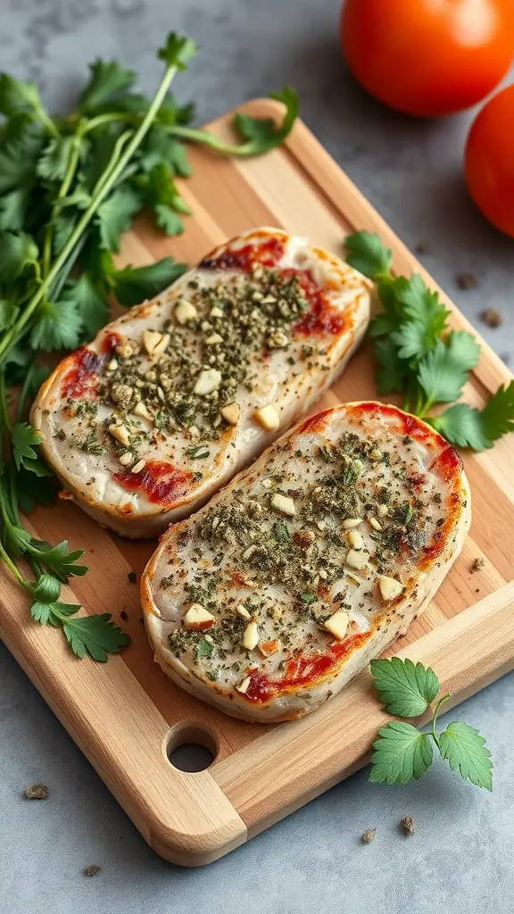 Herb-Crusted Boneless Pork Chops on a cutting board with fresh herbs