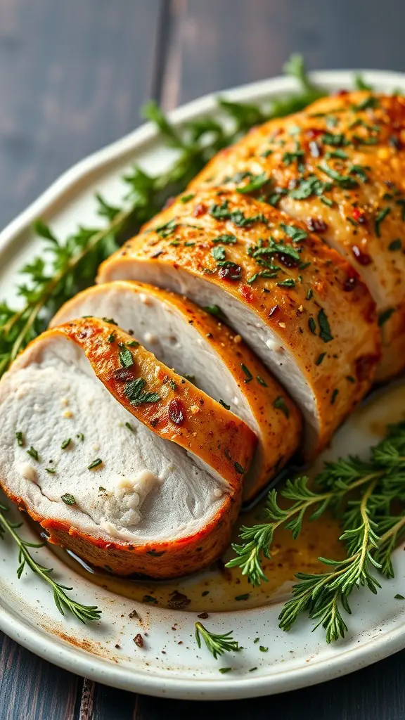 Herb-Crusted Garlic Pork Loin served with fresh herbs