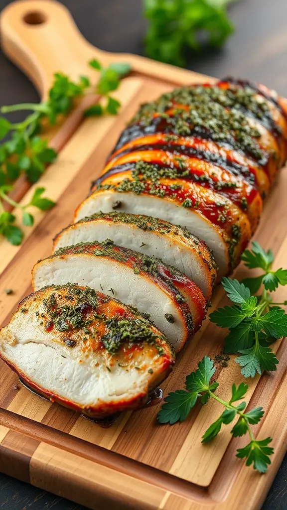 Sliced herb-crusted grilled pork loin on a wooden board with fresh herbs