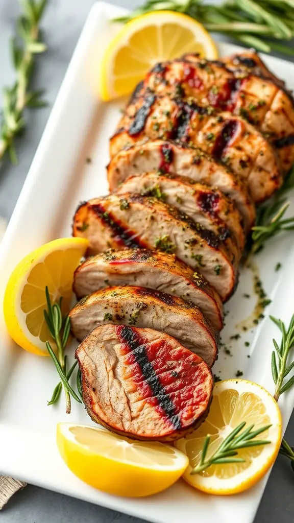 Plate of sliced herb-crusted grilled pork tenderloin with lemon and herbs