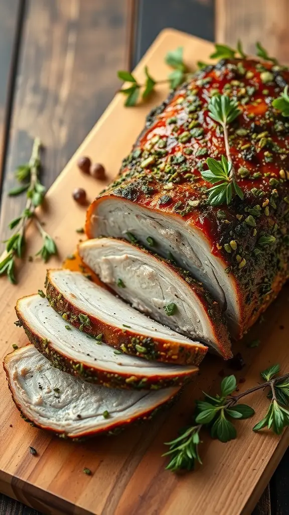 Herb-Crusted Pork Belly Roast sliced on a wooden board