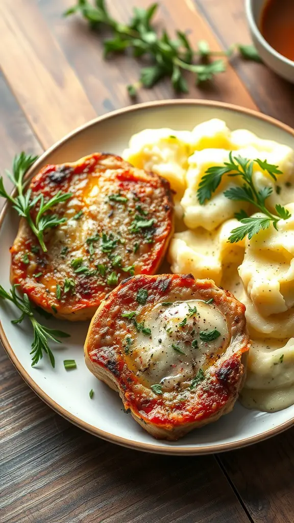 Herb-Crusted Pork Chops served with Garlic Mashed Potatoes on a plate.