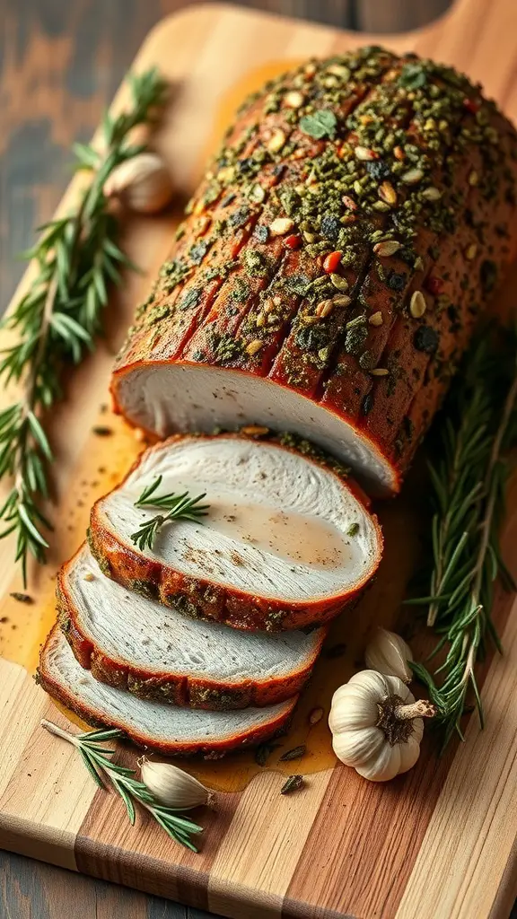 Herb-Crusted Pork Loin with Garlic and Rosemary on a wooden cutting board