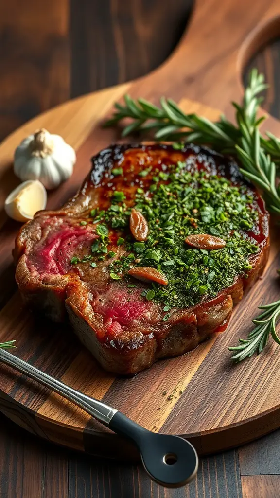 A beautifully grilled herb-crusted porterhouse steak garnished with fresh herbs.